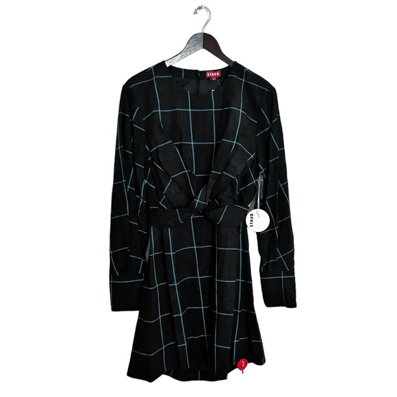 NEW Staud Black Windowpane Long Sleeve Cut Out Mini Crosshill Dress Size Large - Picture 2 of 8